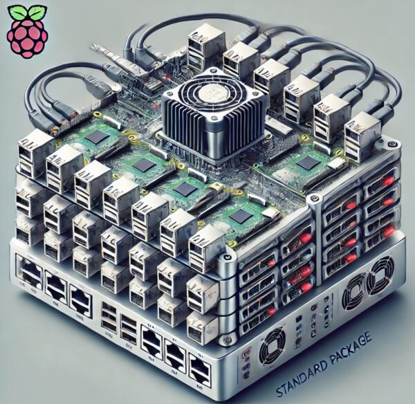 Standard Package (8-Node Pi-HPC Cluster) with 8 Raspberry Pi 5 Model B devices connected via a gigabit Ethernet switch, featuring centralized power supply and efficient cooling system for scalable high-performance computing.